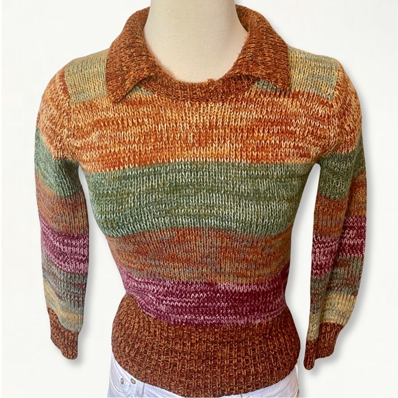 Vintage 1970s Space Dye Colorful Striped Knit Collared Sweater Size Small - Picture 6 of 11